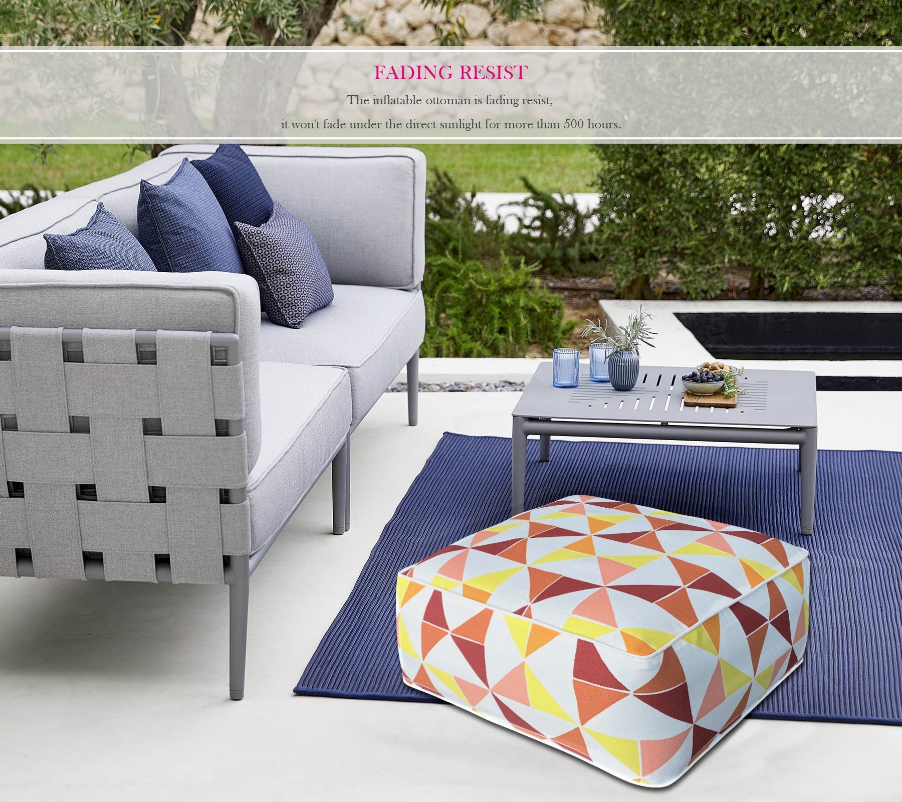 Outdoor Inflatable Ottoman Orange Square 23x23x9 Inch Patio Foot Stools and Ottomans