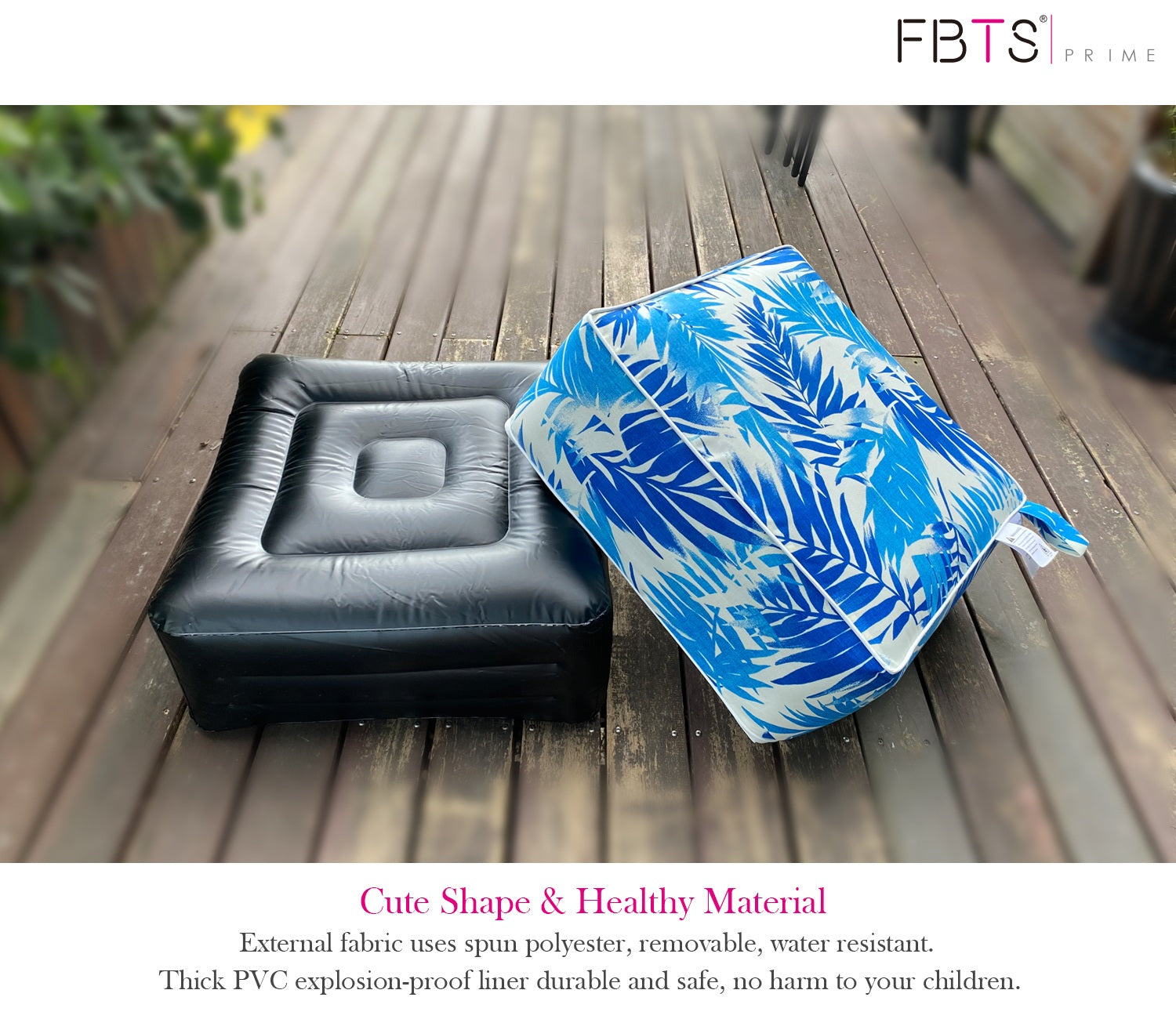 Outdoor Inflatable Ottoman Blue Leaf Square 23x23x9 Inch Patio Foot Stools and Ottomans