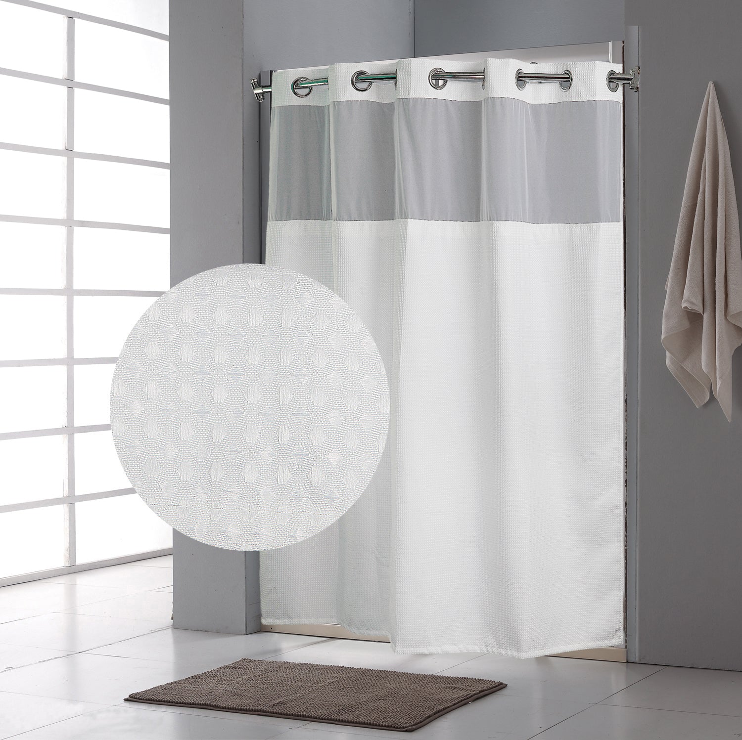Shower Curtain with Snap in Liner 71x74 Inch Waffle Pattern Fabric