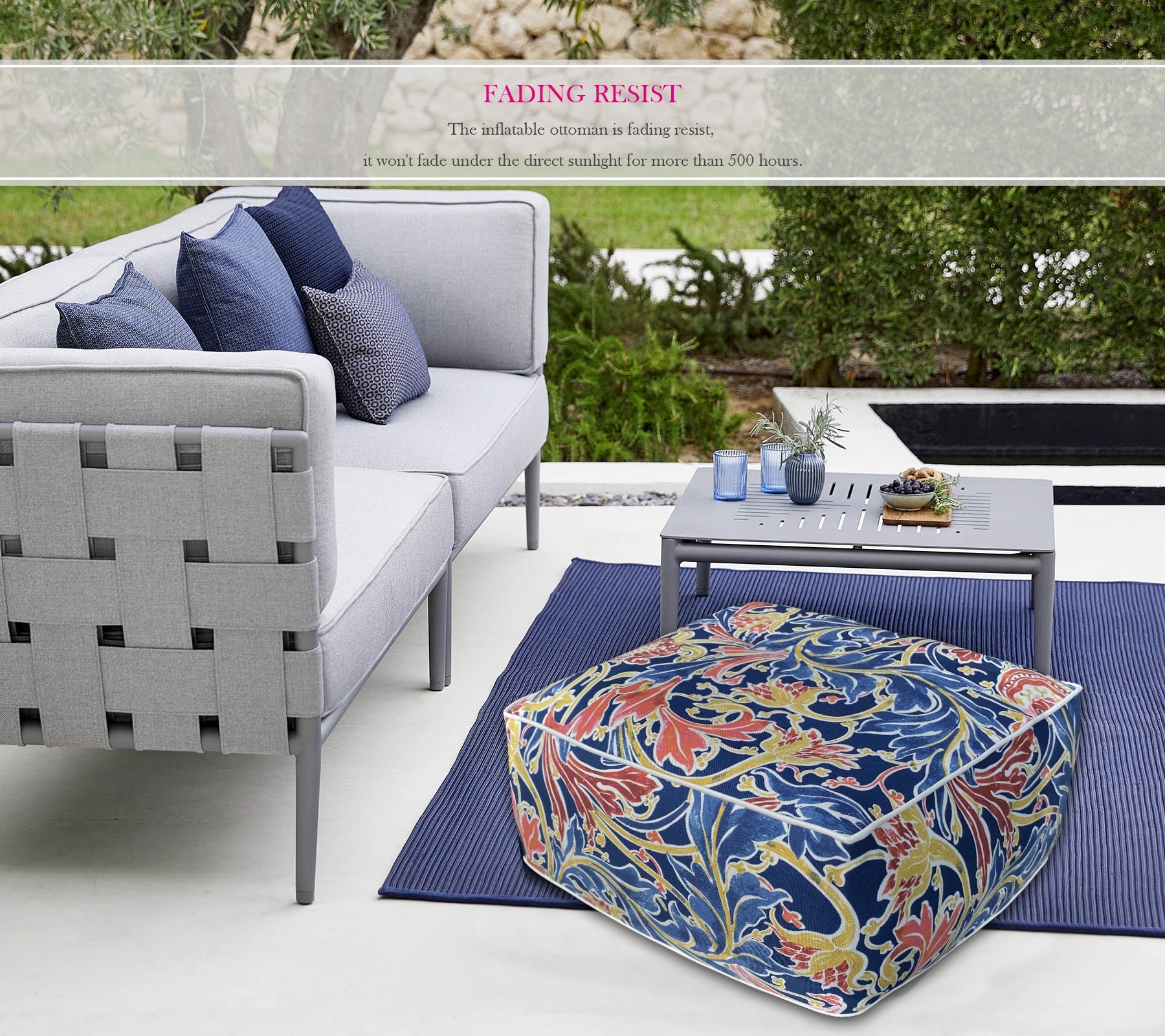 Outdoor Inflatable Ottoman Navy Jacobean Square 23x23x9 Inch Patio Foot Stools and Ottomans