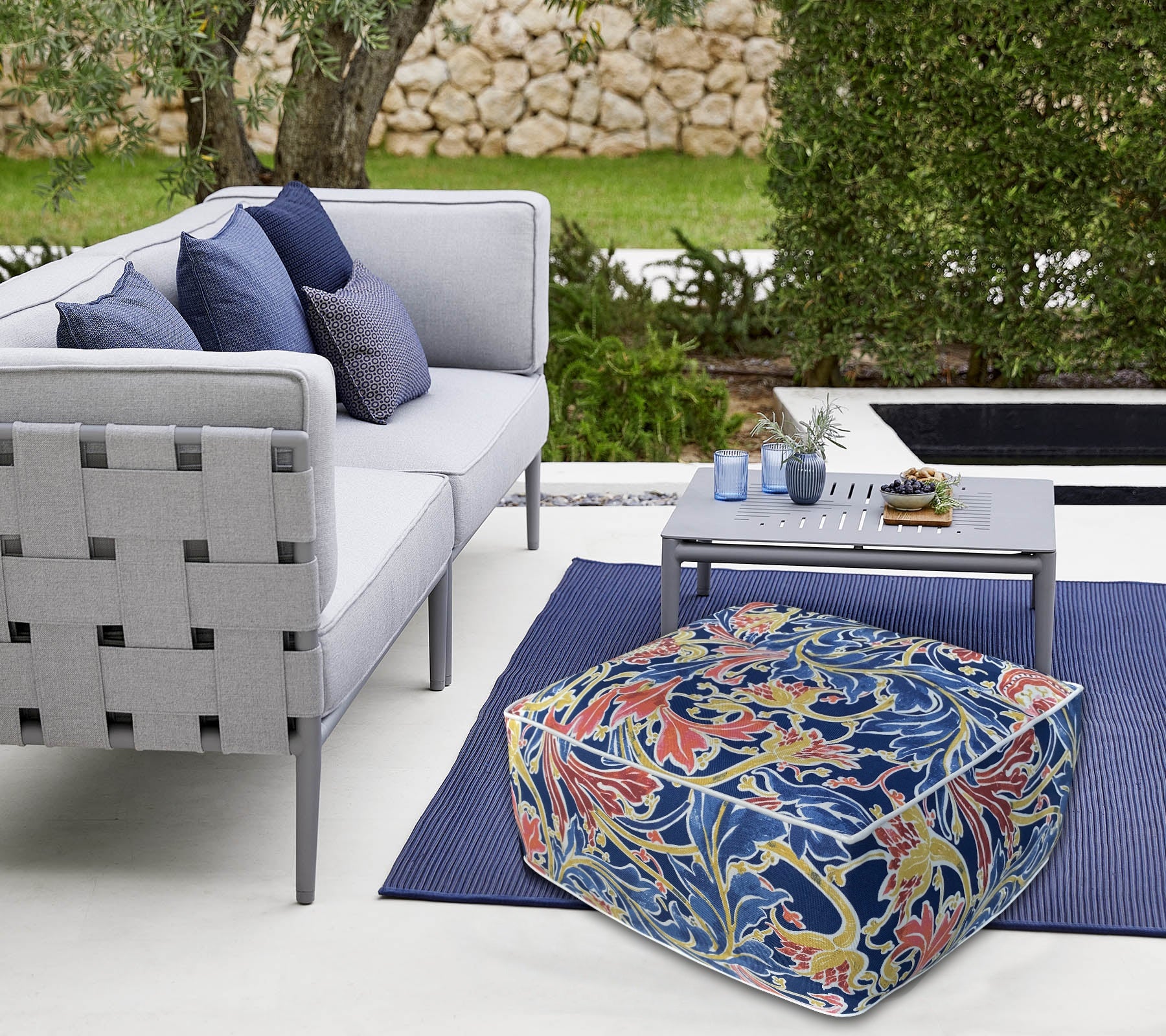 Outdoor Inflatable Ottoman Navy Jacobean Square 23x23x9 Inch Patio Foot Stools and Ottomans
