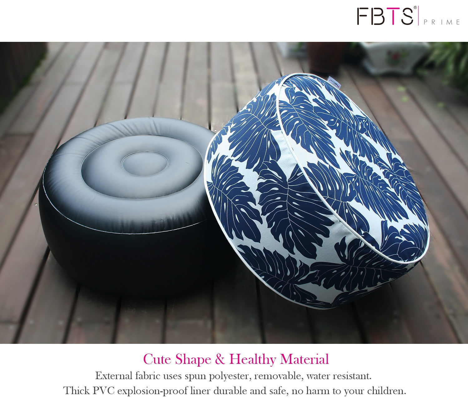 Outdoor Inflatable Ottoman Navy Leaf Round 21x9 Inch Patio Foot Stools and Ottomans
