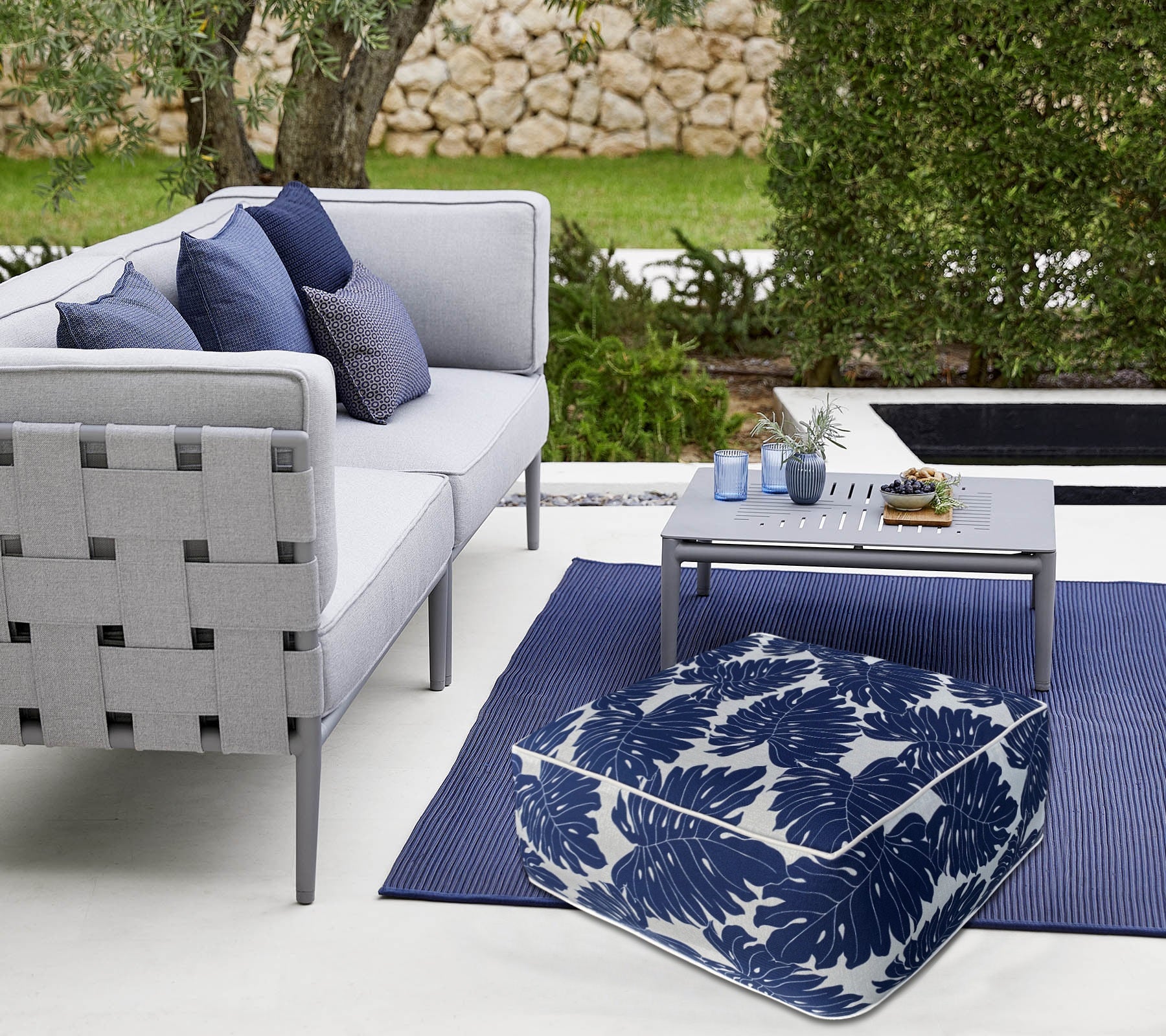 Outdoor Inflatable Ottoman Navy Leaves Square 23x23x9 Inch Patio Foot Stools and Ottomans