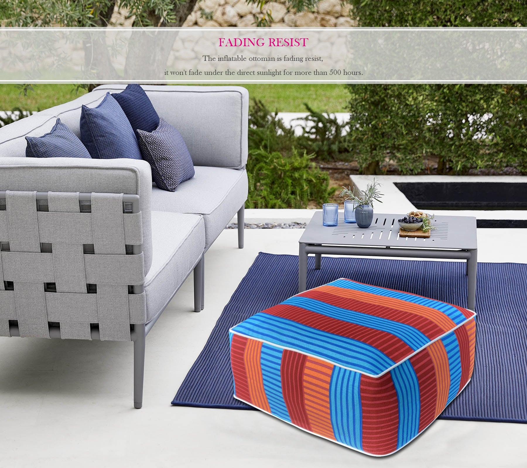Outdoor Inflatable Ottoman Red and Navy Stripe Square 23x23x9 Inch Patio Foot Stools and Ottomans