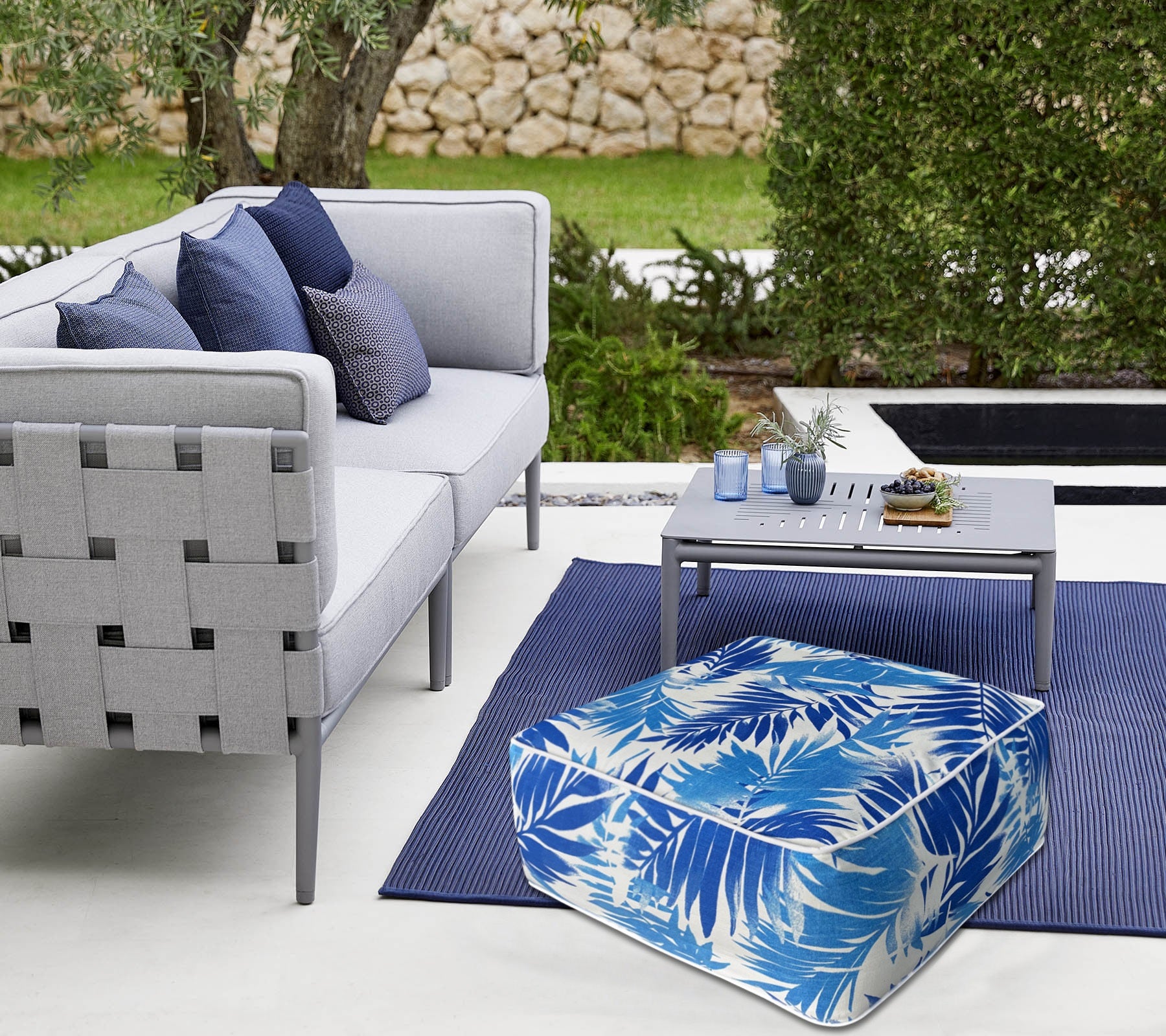 Outdoor Inflatable Ottoman Blue Leaf Square 23x23x9 Inch Patio Foot Stools and Ottomans