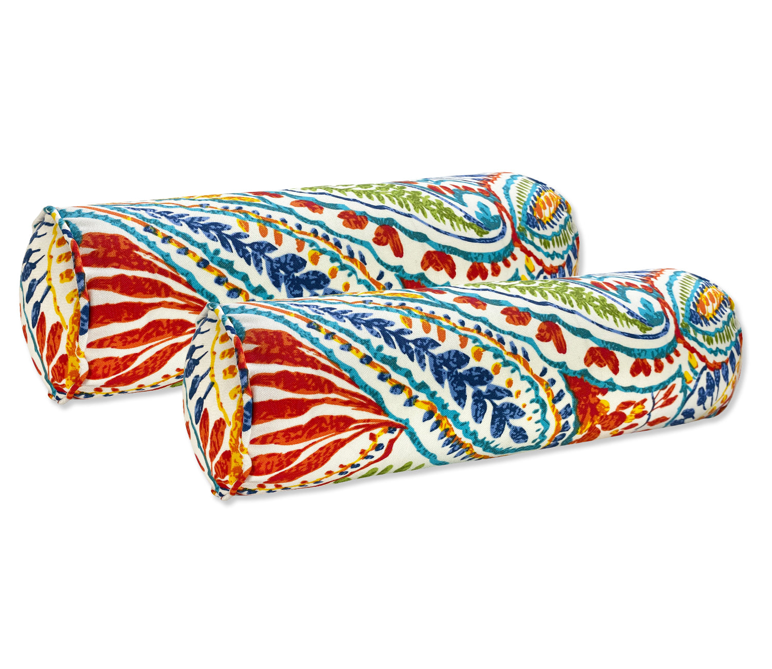 Outdoor Bolster Pillows Set of 2 Red and Blue Paisley Round 20x6 Inch Patio Neck Roll Pillows