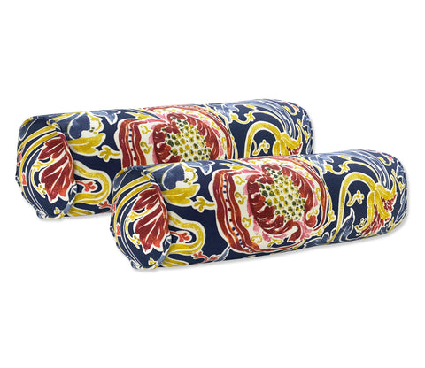 Outdoor Bolster Pillows Set of 2 Navy Paisley Round 20x6 Inch Patio Neck Roll Pillows