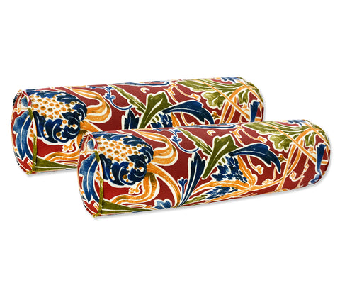 Outdoor Bolster Pillows Set of 2 Red Paisley Round 20x6 Inch Patio Neck Roll Pillows