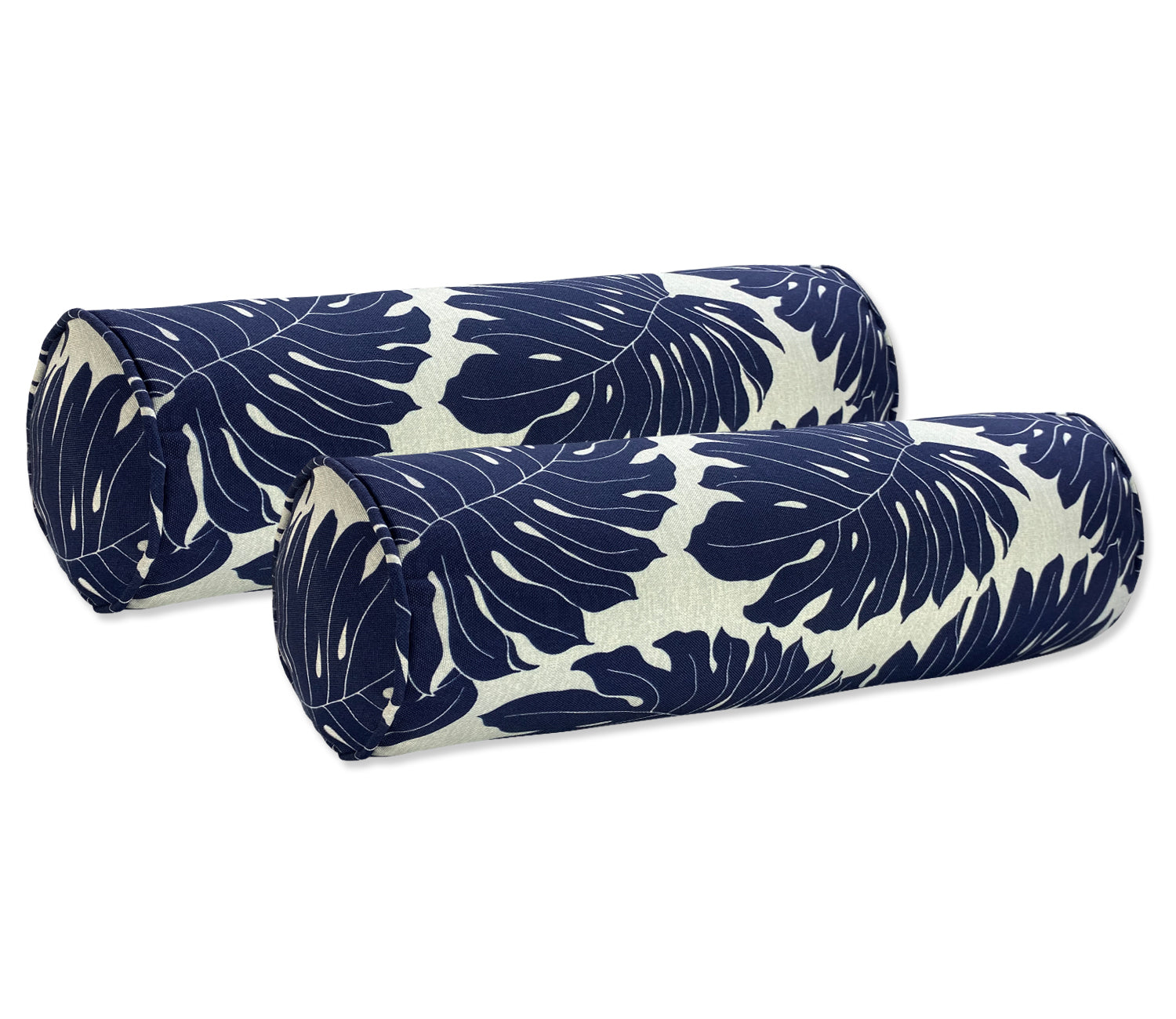 Outdoor Bolster Pillows Set of 2 Navy Leaf Round 20x6 Inch Patio Neck Roll Pillows