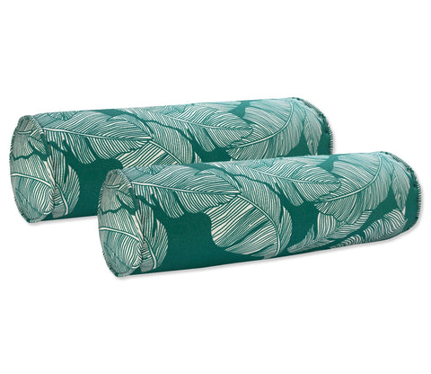 Outdoor Bolster Pillows Set of 2 Green Leaf Round 20x6 Inch Patio Neck Roll Pillows