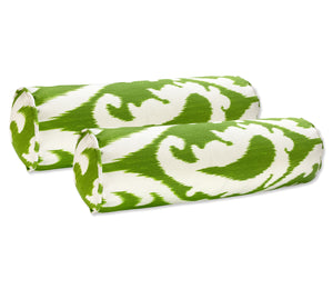 Outdoor Bolster Pillows Set of 2 Green Paisley Round 20x6 Inch Patio Neck Roll Pillows