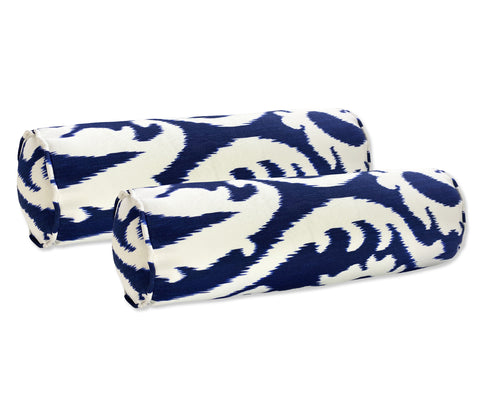 Outdoor Bolster Pillows Set of 2 Navy Paisley Round 20x6 Inch Patio Neck Roll Pillows