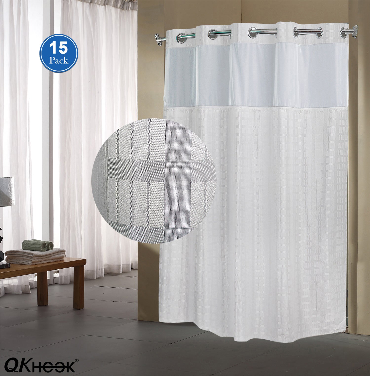 Shower Curtain with Snap in Liner 71x74 Inch Checker Pattern Fabric Water Repellent